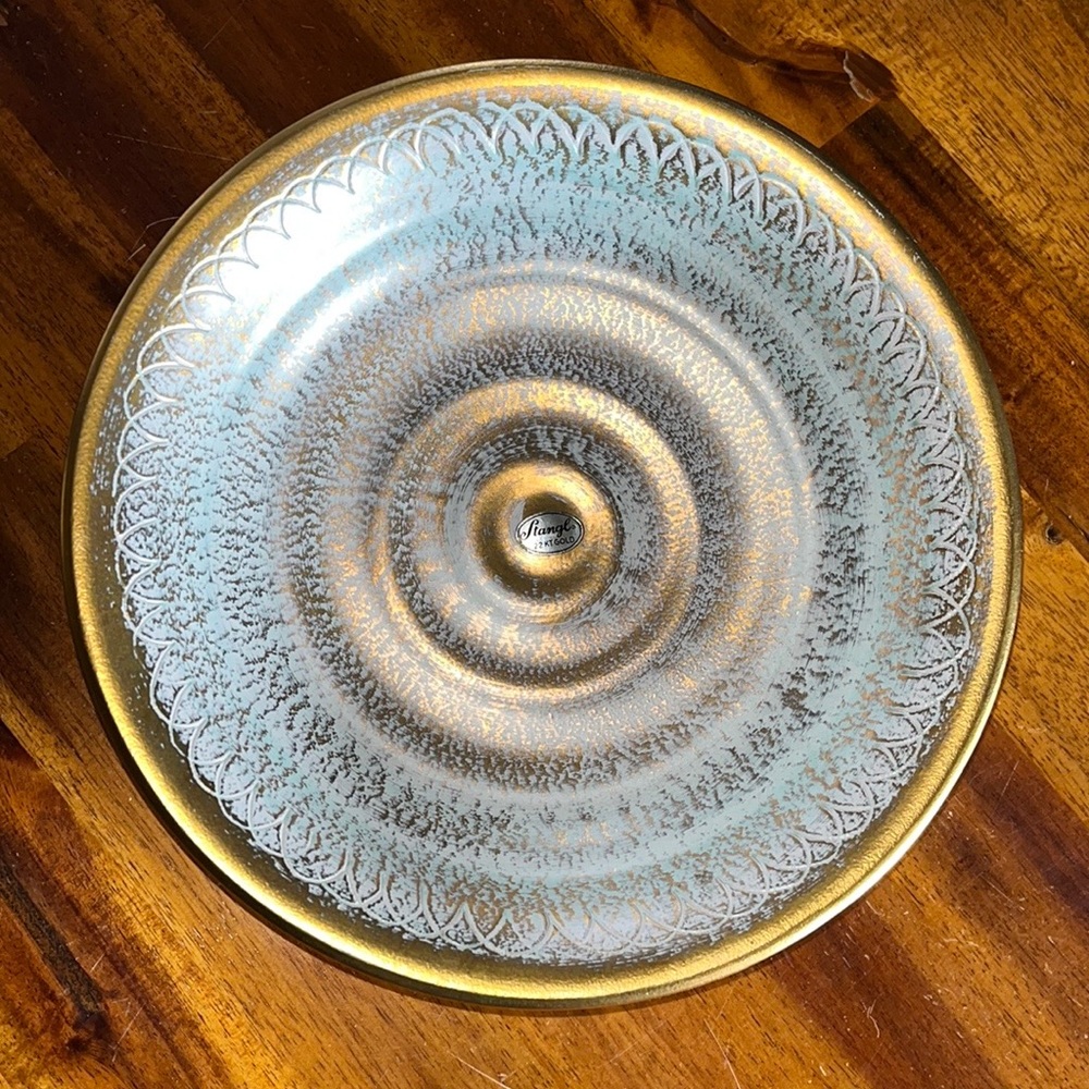 Vintage MCM STANGL 22Kt Gold Brushed art Pottery 9” Bowl w/Hint Turquoise